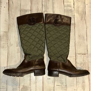 Tory Burch Quilted Green and Brown Riding Boots
